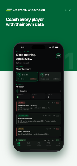 PerfectLine Coach — team dashboard with player summary and AI coach cards